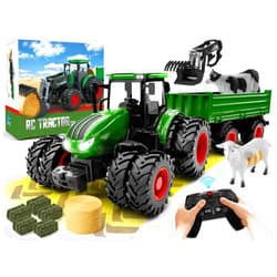 Uarzt Remote Control Tractor Toy, Kids RC Tractor Set & Truck and Trailer Front Loader - Metal Car Head/8 Wheel/Light, Toddlers Farm Vehicle Toys for 3 4 5 6 7 8 9 Year Old Boys Girls Birthday Gift
