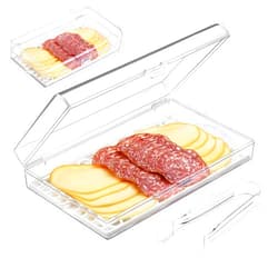 GlossyEnd Deli Meat and Cheese Storage Container with Tong, Bacon Storage Container with Perforated Tray for Freshness, Clear Durable Plastic - Dishwasher and Freezer Safe - Size: 11” x 6.5” x 2”