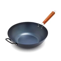 GreenPan Kyoto 14” Pre-Seasoned 7.25QT Carbon Steel Wok with Helper Handle, Flat Base, Professional Nonstick Patina with Use, Induction, Carbonized Ash Wood Handle, Even Heating, Durable, Black