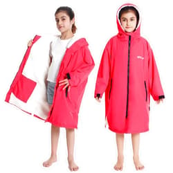 Hiturbo Warm Kids Swim Parka: Waterproof Changing Robe - Oversize Swimming Coat - Hooded Surf Poncho - Thick Lining (7-14Y)