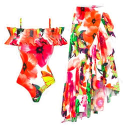 IMEKIS Women Floral Print Swimsuit with Cover Ups Set 2 Piece Ruffle Sarong Bathing Suits Summer Holiday Outfit