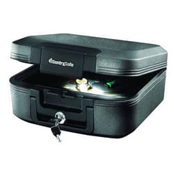 SentrySafe Fireproof and Waterproof Chest Box with Key Lock, Black Travel Safe with Interior Lighting and Carrying Handle, 0.28 Cubic Feet, 6.6 x 15.4 x 14.3 Inches, CHW20205