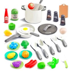 JOKERKING 35Pcs Kids Kitchen Toy Accessories, Toddler Pretend Cooking Playset with Play Pots and Pans, Utensils Cookware Toys, Play Food Set, Toy Vegetables, Learning Gift for Girls Boys (White)