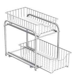 SONGMICS 2-Tier Pull Out Cabinet Organizers, Under Sink Organizer, Bathroom Organizer and Storage, Sliding Basket Drawers, Stackable for Kitchen, Bathroom, Metallic Silver UKCS017E01