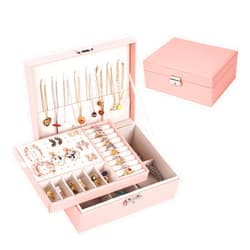 Starmond Jewelry Box for Women: Leather with Lock 2 Layer Portable Jewelry Organizer and Box Storage Case Necklaces Bracelets Rings Earring Holder Pink