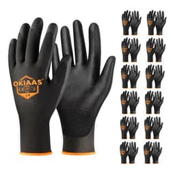 OKIAAS Work Gloves for Men，Ultra Thin and Lightweight Working Gloves with Grip, 12 Pairs Bulk Pack Construction Gloves with Polyurethane Coating, Safety Gloves for Light Duty Work (Black, Large)