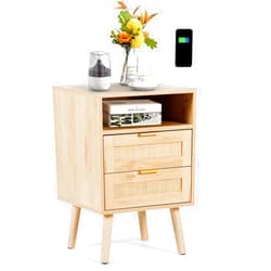 AILEEKISS Rattan Nightstand with Wireless Charging Station Modern Bedside Tables with Solid Wood Feet Rattan Night Stands with Drawers and Open Storage Shelf for Bedroom (Natural)