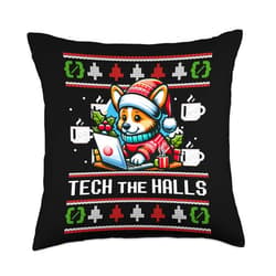 ROUTINE EAT SLEEP CODE REPEAT Fun Developers Memes TECH The Halls Funny Ugly Christmas Sweater Corgi Santa Meme Throw Pillow, 18x18, Multicolor