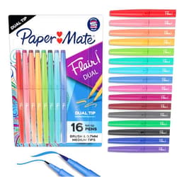 Paper Mate Flair Dual-Tip Felt Pens, Brush and Medium Tips, Assorted Vivid Colors, Pack of 16