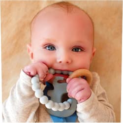 Nuby Natural Wood & Silicone Teether Ring: 3 M+, Elephant, Gray