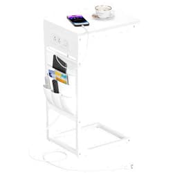 TUTOTAK C Shaped End Table with Charging Station, Side Table for Sofa, Couch Table with Storage Bag, TV Tray Table with 2 USB Ports and Outlets for Living Room, Bedroom, White TB01BW024