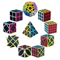 Roxenda Speed Cube Set of 2x2 3x3 4x4 Skew Ivy Axis Fisher Megaminx Pyramid Cube and Windmill Cube Carbon Fiber Sticker Magic Cubes Collection, Educational Toys for Children and Adults, Set of 10