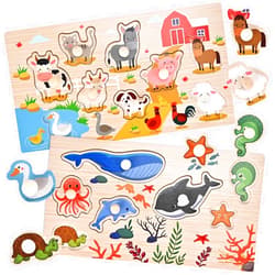 Wooderma Wooden Peg Puzzles for Toddlers 1 2 3 Years Old, 2 Pack Montessori Educational Learning Puzzles Set, Toddler Puzzles Toy with Animal and Sea Themes, Great Preschool Present for Girls and Boys