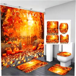 jieprom 4PCS Fall Shower Curtain Bathroom Sets with Rugs, Toilet Lid Cover and Bath Mat, Autumn Shower Curtain with 12 Hooks, Pumpkin Maple Leaves Shower Curtain for Thanksgiving Bathroom Decor Set