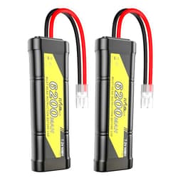 FLYLINKTECH 7.2V 6200mAh NIMH Battery for RC Cars, 6-Cell Flat Rechargeable Battery Pack, Replacement Hobby Battery with Tamiya Connector for Car Truck Truggy Buggy Tank Airplane Helicopter Boat Racing (2 Pack)