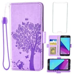 Asuwish Compatible with Samsung Galaxy J7 Prime 2017 J 7 Skypro Sky Pro J7V V S727VL Wallet Case and Tempered Glass Screen Protector Flip Card Holder Cell Phone Cover for Glaxay Halo 7J Perx J7prime Purple