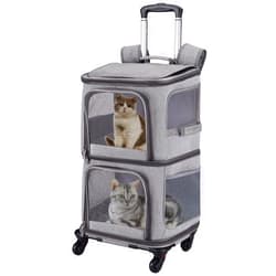 VOISTINO Double Pet Carrier Backpack with Wheels for Small Cats and Dogs, Rolling Cat Travel Carrier, Super Ventilated Design, Ideal for Traveling/Hiking/Camping, Grey