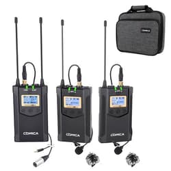Comica CVM-WM100PLUS - Wireless Microphone System for Cameras, Camcorders, Smartphones, Laptops, Professional UHF Wireless Lavalier Lapel Microphone with Dual-Channel Recording, AA Batteries