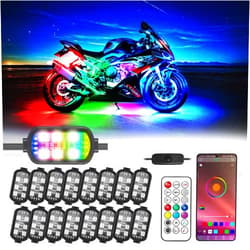 TDE Explorer.Lighting 16 Pcs RGB Chasing Motorcycle LED Lights Kit for Harley Davidson Kawasaki Suzuki, Waterproof Magic Multicolor Motorcycle Underglow Kit Strip Lights with APP Control Music Sync Brake Turn Signal