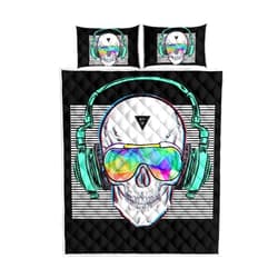 SHOMPE Music Skull Bedspread Quilt Set Queen Size Bed in a Bag for Kids,3 Piece Soft Lightweight Boys Punk Rocker Skull Printed Bedding