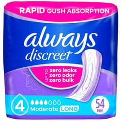 Always Discreet Adult Incontinence Pads for Women, Moderate Absorbency, Long Length, Postpartum Pads, 54 Count
