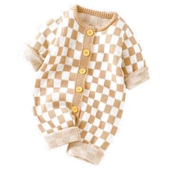 SAYOO Unisex Baby Girl Boy Knitted Romper Jumpsuit Checkerboard Plaid One Piece Button Down Sweater Playsuit Clothes