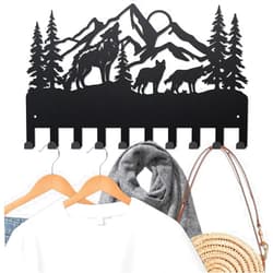 MAYJOYDIY Wolf Mountain Coat Rack Wall Mounted Wildlife Metal Key Hook 15.7×9.8inch Nature Landscape Animal Black Art Key Holder with 10 Hooks for Gift Coats Hats Towels Bags Hanging