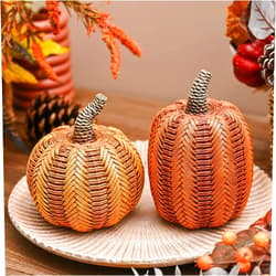 Valery Madelyn Fall Decoration for Home Pumpkin Decor, 2pcs Resin Artificial Rattan Large Pumpkins Figurine, Autumn Harvest Thanksgiving Halloween Party Table Centerpieces Porch Mantel Indoor 6.2 Inch