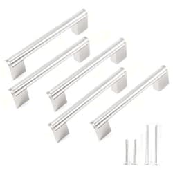 FULGENTE Brushed Nickel Drawer Pulls, Stainless Steel Chrome Modern Cabinet Handles Kitchen Hardware Cupborad Armoire Wardrobe, 5 inch Hole Center - 6 inches Total Length（ Pack of 5 ）