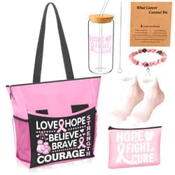 Yetene 5 Pcs Breast Cancer Awareness Gifts for Women Include Ribbon Zippered Tote Bag Makeup Bag 16 oz Glass Cup Bracelets and Sock Appreciation Gift Set for Female(Pink,Cancer Ribbon)