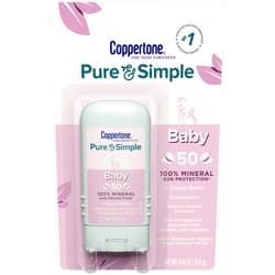 Coppertone Pure and Simple Baby Sunscreen Stick SPF 50, Zinc Oxide Mineral Sunscreen for Babies, Tear Free, Water Resistant, Broad Spectrum SPF 50 Sunscreen, 0.49 Oz Stick