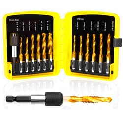 TOPEC Tap Bit Set, 3-in-1 HSS Titanium Coated Drill Tap Combination, 13 PCS SAE/Metric Threading tap Drill bit Set with 1/4 Inch Hex Shank, and Quick-Change Adapter