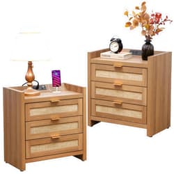 SICOTAS Rattan Night Stand Set of 2 - Tall Nightstands with Type-C Charging Station, 3 Rattan Storage Drawers, Larger Wood Bedside Table, Boho Bed Side End Table for Bedroom Sofa Couch Office - Oak