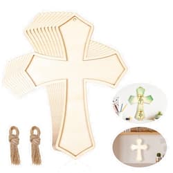 Beeveer 24 Pcs Unfinished Wooden Crosses for Crafts 8.9 x 6.5 Inch Unpainted Large Blank Wooden Layered Cross for Sunday School Crafts DIY Easter Projects Church Home Wall Decoration with String