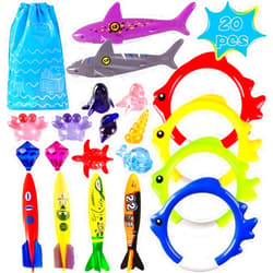 Woplagyreat Summer Pool Diving Swimming Toys for Kids, Fun Swim Games Sinking Set, Underwater Dive Gifts with Storage Bag Include Torpedo Gems Shark Rings Sea Animals for Boys Girls Toddlers 20 Packs