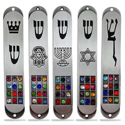 TALISMAN4U Set of 5 Pewter Jewish MEZUZAH CASE with Hoshen 12 Tribes of Israel Star of David Menorah Door Mezuza with Scroll 3.5 Inches