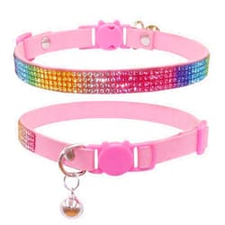 THAIN Bling cat kitten collar Rainbow Rhinestone breakaway diamond with bell Soft velvet quick release (Pink)