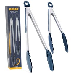 Deiss PRO Cooking Tongs with Silicone Tips - Kitchen Tongs for Cooking, BBQ, Air Fryer - Heat Resistant Silicone Tipped Tongs, Silicone Tongs for Nonstick Cookware - Pull Lock, Set of 2, 9'' and 12''