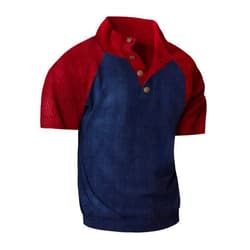 DMOYALA Corduroy Shirt Men Short Sleeve Stand Collar Button Color Block Loose Fit Ribbed Vintage Summer Patchwork Casual Tees