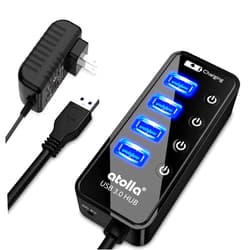 Atolla 4-Port USB 3.0 Hub with 4 Data Ports, 1 Smart Charging Port, Individual On/Off Switches and 5V/3A Adapter