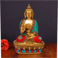 ARTVARKO Buddha Statue Blessing Brass with Multicolor Stone Handwork Home Décor Entrance Office Table Living Room Meditation Luck Gift Feng Shui Height 7 Inch Standard Multicolour