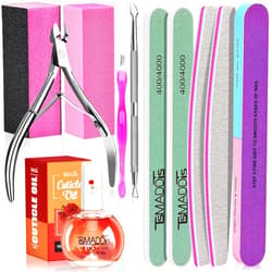 TsMADDTs Manicure Tools Kit Nail Care Kit with 3 pcs Files, 2 pcs Buffer Blocks, 2 Polishing Buffers, Cuticle Nipper, Pusher and Cuticle Oil