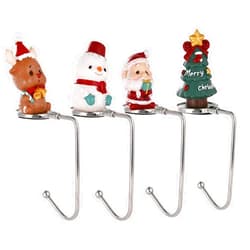 Houdezhu Christmas Stocking Hangers for Mantel Set of 4，Christmas Stocking Holders for Fireplace Reindeer Xmas Tree Snowman Santa Mantel Hooks Stocking Hanger for Christmas Party Decoration