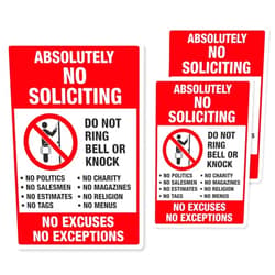 SmartSign Absolutely No Soliciting Stickers, No Excuses No Exceptions Do Not Ring Bell Knock Decals Set, Pack of 3, One 3.75