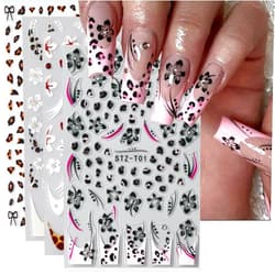 BSBTBZ Leopard Print Nail Art Sticker Nail Decals 3D Self-Adhesive French Lines Nail Tip Hibiscus Flower Lace Floral Petals Nail Art Design Gel Polish Slider Decal Nail Charm for Manicure Decoration 4Sheets
