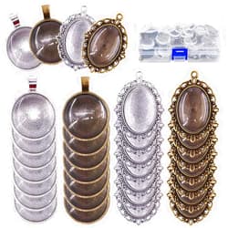 Glarks 64-Pieces Pendant Set, 16Pcs Oval Pendant Trays and 16Pcs Round Bezels with 32Pcs Glass Cabochon Round Clear Dome Tiles for Crafting DIY Jewelry Making