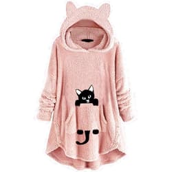 Wodceeke Women's Fuzzy Fleece Pullover Hoodie with Cat Ear Sherpa Oversized Hooded Sweatshirts Cute Pocket Winter Warm Coats