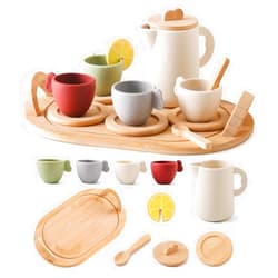 GOODMOM Kids Tea Party Set, Wooden Tea Set for Little Girls and Boys, Kids Toys Kitchen Accessories Toys, Dishwasher Safe Tea Set, Role Play Toddler Tea Set, Ideal Christmas Birthday Gift