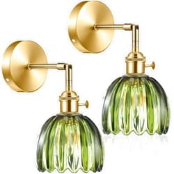 Rossesay 2 Pcs Vintage Wall Sconce with Tulip Glass Shade 180 Degree Adjustable Hanging Brass Sconces Hardwired Modern Lamp Fixtures Decor for Bedside Indoor Doorway Including Light Bulb (Green)