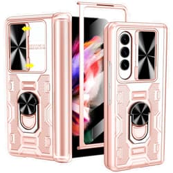 VEGO for Samsung Galaxy Z Fold 3 Case with Stand, Slide Camera Cover & Screen Protector & 360°Ring Magnetic Kickstand Military Grade Heavy Duty Protective Case for Galaxy Z Fold 3- Rose Gold